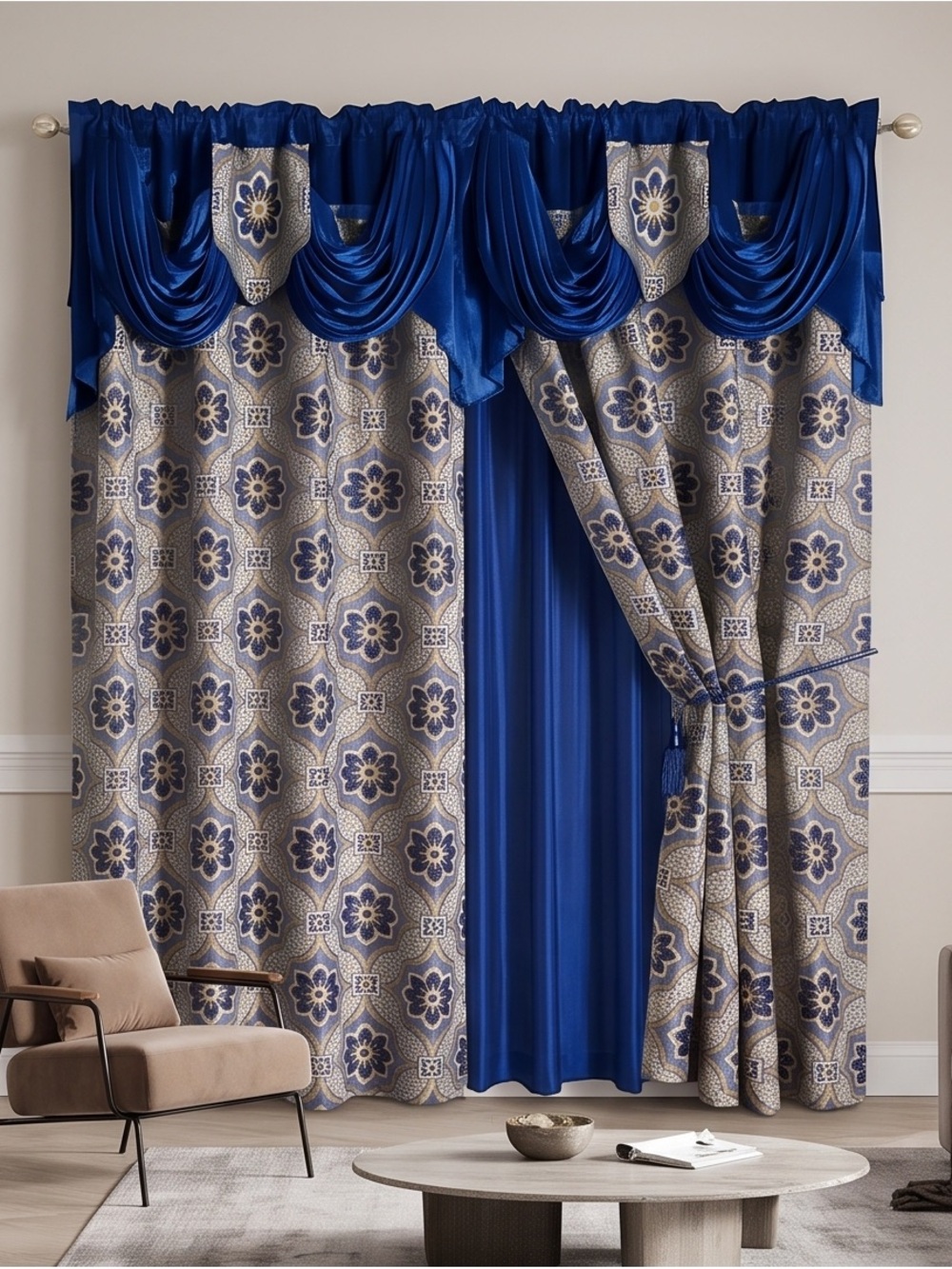 Royal Blue Floral Jacquard Curtain Set - Brand Unspecified